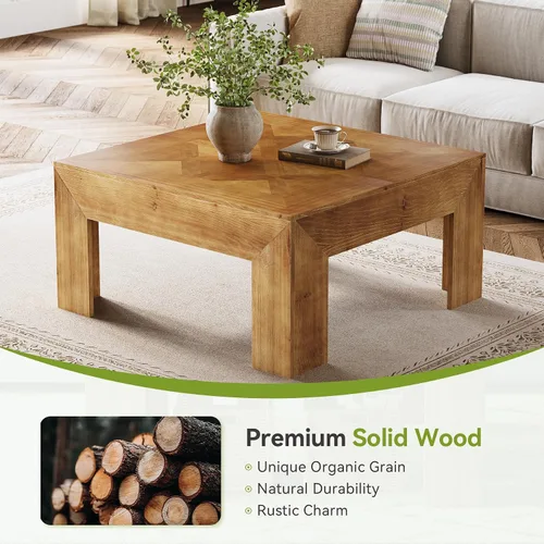 Vista 9 de LITTLE TREE Mesa de centro de madera maciza de 39.4 pulgadas, mesa de centro cuadrada con parte superior incrustada intrincada y patas resistentes