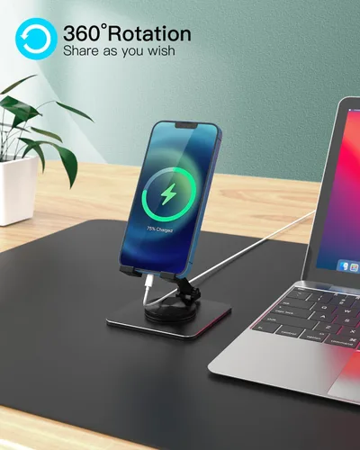 Vista 5 de Soporte para teléfono celular y tableta para escritorio, soporte ajustable de aluminio para iPhone, iPad y teléfonos inteligentes Montura