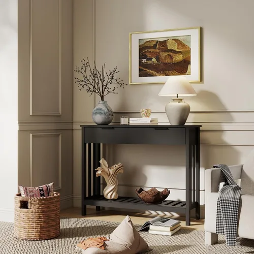 Vista 4 de TaoHFE Mesa de entrada negra con cajón, mesa consola estrecha moderna de madera con almacenamiento, mesa de pasillo, mesas de sofá para sala
