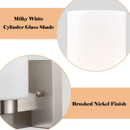 Vista 3 de DEYNITE Conjunto de dos apliques de pared modernos de níquel cepillado para baño con pantalla de vidrio cilíndrico blanco lechoso