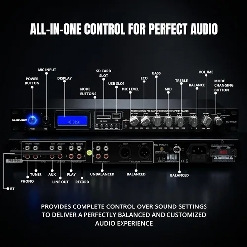 Vista 3 de MUSYSIC MU-PRE2H Procesador de sonido de audio profesional Pre-Amp Bluetooth, USB/SD, MP3/Aux, radio FM, modo de grabación Pantalla LCD digital