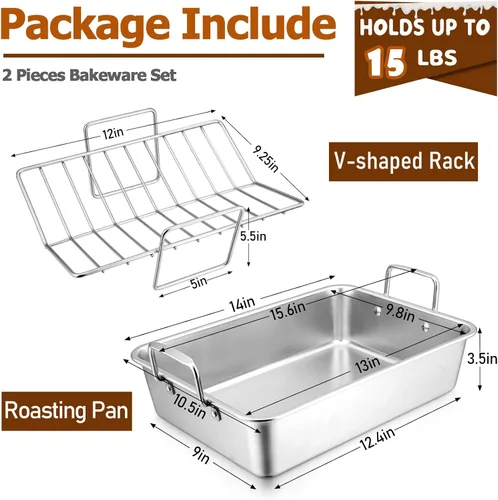 Vista 2 de Sartén para asar con estante para pavo y pollo, sartén para asar de acero inoxidable Joyfair y estante en V para horno tostador, utensilio de horneo
