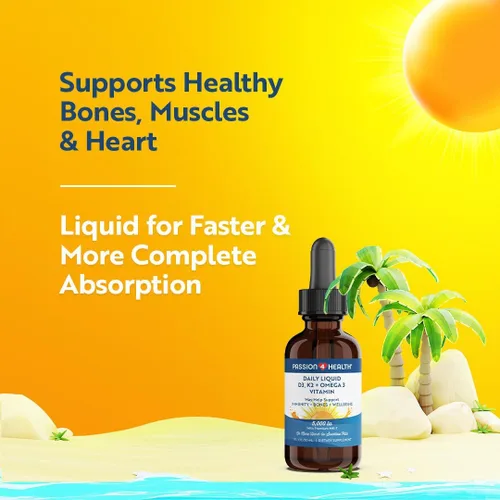 Vista 3 de Passion 4 Health Vitamina líquida orgánica D3 K2 (Mk-7) + Suplemento Omega 3 – Gotas de vitamina D líquida (5000 UI) – Apoyo para huesos y músculos