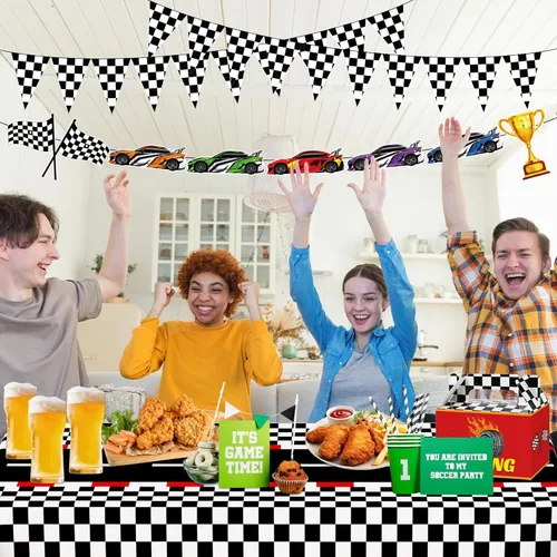 Vista 4 de WNINK Manteles con temática de auto de carreras, cartel de feliz cumpleaños, mantel rectangular de carreras, kit de decoración de fiesta de auto