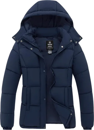 Vista 7 de wantdo Chaqueta acolchada para mujer, abrigo de invierno ligero con capucha extraíble Negro