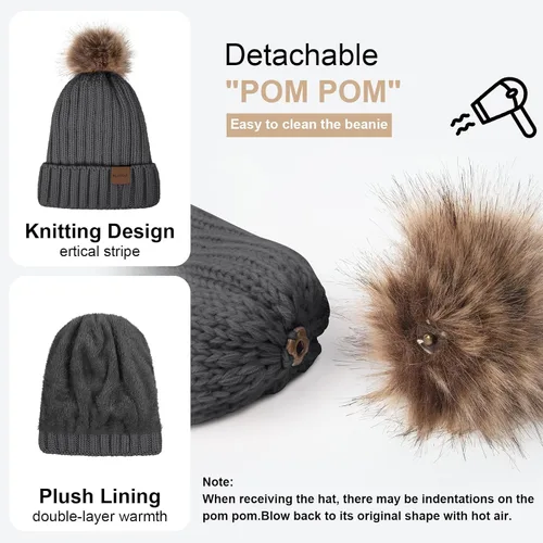 Vista 2 de Gorros de invierno para mujer, conjunto de gorro, bufanda, guantes cálidos para pantalla táctil, bufandas largas de punto, gorro con pompones