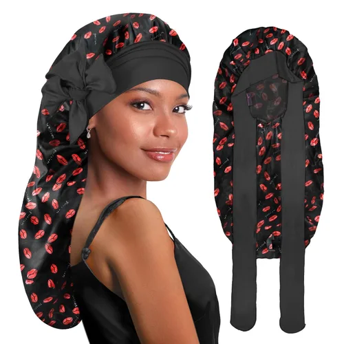 Vista 12 de BONNET QUEEN Gorro de Trenza de Seda Gorro Plegable Extra Largo para Trenzas con Banda de Atar, Capó de Satén Largo para Dormir, Verde Oscuro