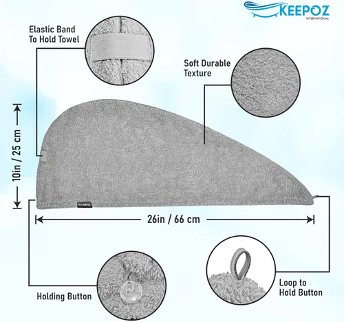 Vista 2 de KEEPOZ Toalla para el cabello de secado rápido, 100% algodón, súper absorbente, turbante para la cabeza para mujeres con botón, productos