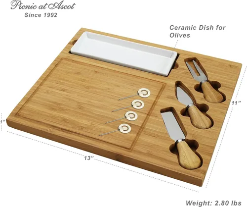 Vista 4 de Tabla de cortar de bambú grabada personalizada para queso y embutidos con plato de cerámica, juego de cuchillos y marcadores de queso, diseñada