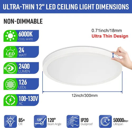 Vista 2 de SunRider Lámpara de Techo LED de Montaje Empotrado, 6000K Blanco Frío, 2400LM, 30 cm 24W Luces Planas Redondas Modernas, Lámpara de Panel
