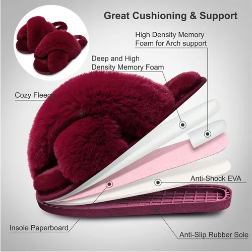 Vista 4 de JIASUQI - Pantuflas cruzadas mullidas y peludas con punta abierta para mujer, con acolchado de espuma viscoelástica