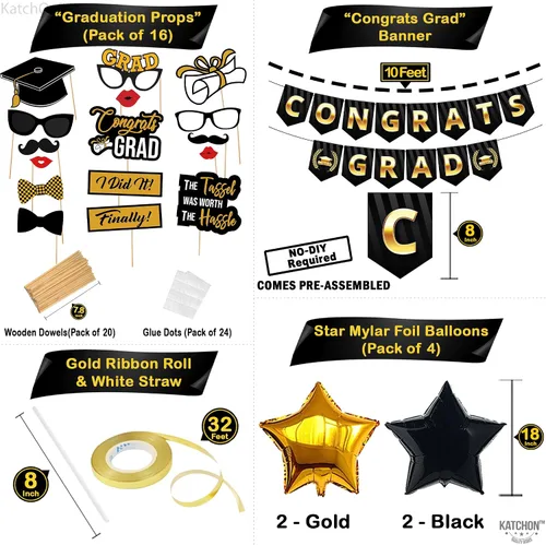 Vista 3 de Gran juego de globos de graduación dorados 2022 – Suministros para fiesta de graduación 2022 Decoraciones de graduación en negro y dorado 2022