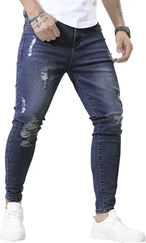Vista 5 de HUNGSON Skinny Jeans for Men Stretch Slim Fit Ripped Distressed 2024-azul