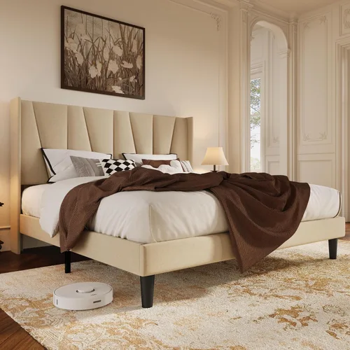 Vista 12 de HOOMIC Base de cama tapizada de tamaño matrimonial con cabecera geométrica moderna con respaldo de ala, listones de madera, no necesita somier, base