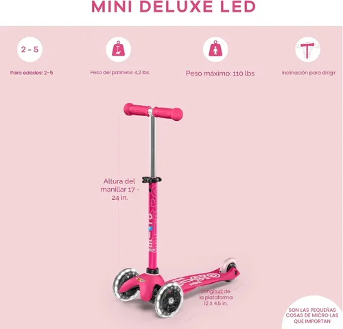 Vista 5 de Micro Mini Patinete LED Lean-to-Steer Design, Adjustable T-Bar Grows with Your Child, Motion-Activated LED PU Wheels, Swiss-Engineered. Rosa