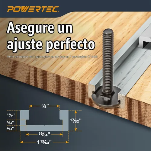 Vista 3 de POWERTEC Pista en T de inglete de 32 pulgadas con barra en T para sierra de mesa, mesa de enrutador, sierra de cinta, funciona con ranura en T