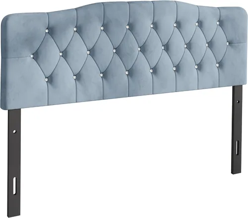 Vista 3 de Cabecera tapizada de terciopelo ajustable con botones de diamantes de cristal doble, color azul claro