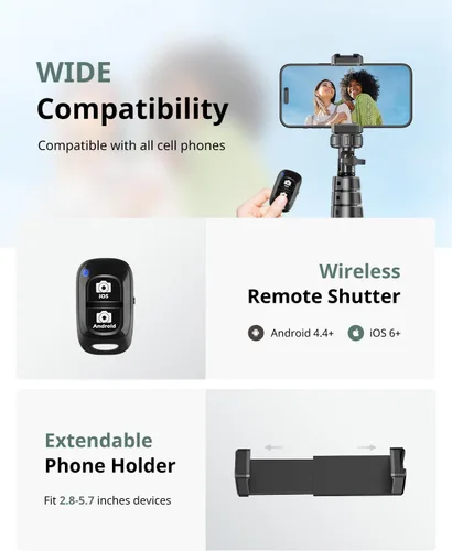 Vista 6 de SENSYNE Trípode de teléfono de 62 pulgadas y palo para selfie, soporte extensible para teléfono celular con control remoto inalámbrico y soporte