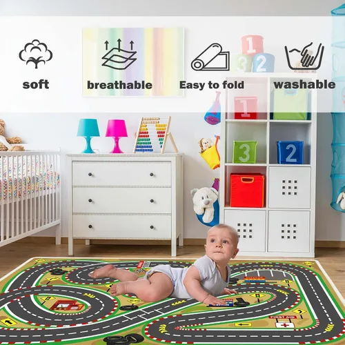 Vista 3 de Alfombra de juego para niños de 31 x 47 pulgadas, suave y antideslizante, alfombra de coche de mapa, alfombra para niños, autos de juguete, pista