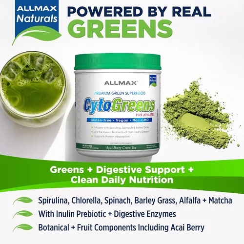 Vista 2 de ALLMAX CytoGreens Super Greens en polvo, té verde de bayas de acai, 60 porciones
