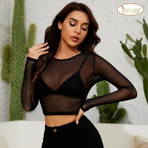 Vista 7 de JASGOOD Camiseta corta de malla para mujer, de manga larga, transparente, blusa transparente
