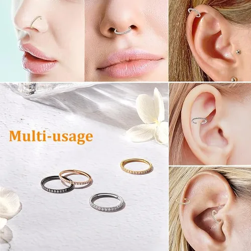 Vista 4 de Piercing para la nariz con bisagras de acero quirúrgico 316L con gemas transparentes u ópalo, estético, hipoalergénico, no se deslustra, disponible