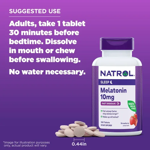 Vista 6 de Natrol Melatonina de disolución rápida de 10 mg, suplementos de melatonina para un sueño reparador, apoyo para el sueño para adultos, 100 tabletas