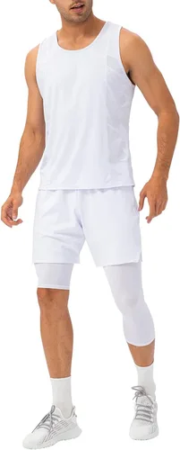 Vista 21 de Pantalones de compresión de 3/4 de una pierna para hombre, mallas de baloncesto atléticas para correr, leggings deportivos de capa base capri