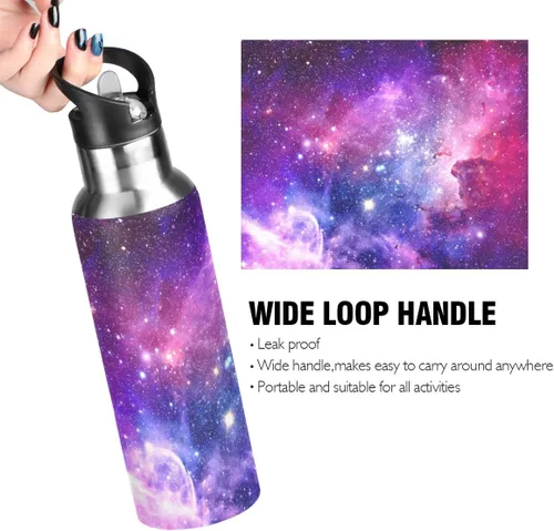 Vista 4 de Moudou Purple Galaxy - Botella de agua deportiva de acero inoxidable con tapa con pajilla, doble pared aislada al vacío, 20 onzas