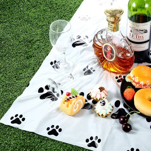 Vista 5 de Tatuo 2 manteles con estampado de patas, decoración de cumpleaños de perro, funda de mesa de plástico con diseño de pata de gato, desechable, Negro