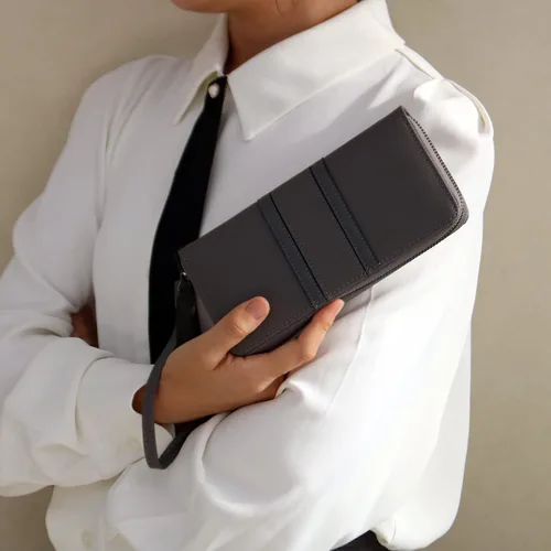 Vista 5 de Carteras con cremallera para mujer, de gran capacidad, cartera larga para chequera, cartera de mano con correa para la muñeca, Gris, Classic