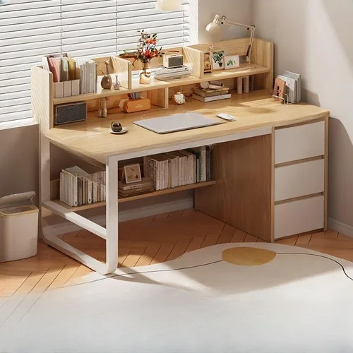 Vista 14 de Escritorio moderno con 3 cajones, mesa de estudio de computadora con gabinete para oficina en casa, estación de trabajo para espacios pequeños Gris