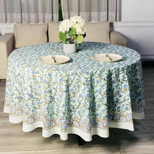Vista 11 de Mantel redondo con estampado de bloque a mano, 100% algodón, reutilizable, turquesa, verde musgo, 90 pulgadas, mantel decorativo para uso diario