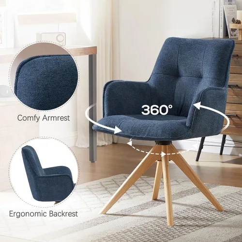 Vista 6 de Zouron Silla de escritorio giratoria sin ruedas, silla de oficina tapizada con patas de madera de roble, sillón moderno para espacios pequeños
