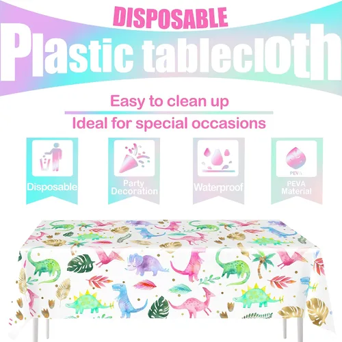 Vista 2 de Mantel para fiesta de cumpleaños de dinosaurios para niñas, funda desechable de plástico de dinosaurio rosa, suministros para fiesta de dinosaurios