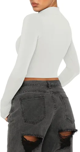 Vista 3 de REORIA Camisetas ajustadas de manga larga con cuello alto falso para mujer