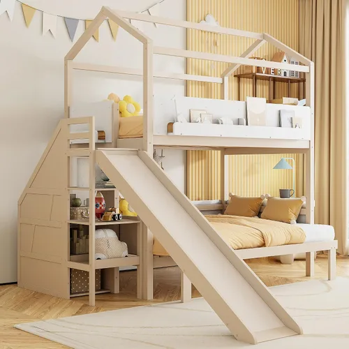 Vista 13 de Cama tipo loft de tamaño matrimonial con escalera de almacenamiento y escritorio, marco de cama tipo loft de madera maciza con ventanas, estantes