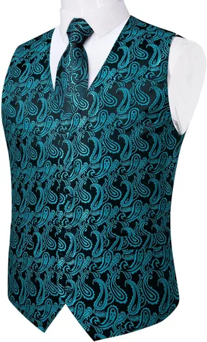 Vista 4 de DiBanGu Juego de chaleco y corbata para hombre, chaleco formal de cachemira y corbata con bolsillo cuadrado y gemelos, de seda, para traje o Verde