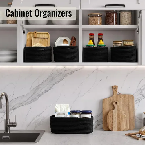 Vista 3 de Paquete de 8 cestas de almacenamiento pequeñas para organizar, cubos de cuerda tejida para baño, armario, organizador de estantes, bonita caja Negro