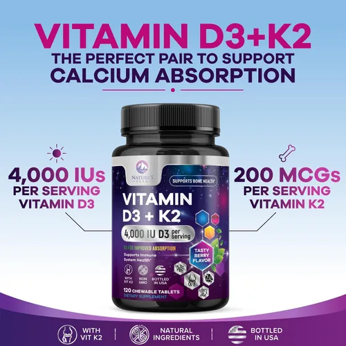 Vista 7 de Vitamina D3 K2-4000 UI Vitamina D3 y 200 mcg Vitamina K2 MK-7 – Apoyo a la salud ósea, corazón e inmune – Absorción de calcio – D3K2 sabor a bayas