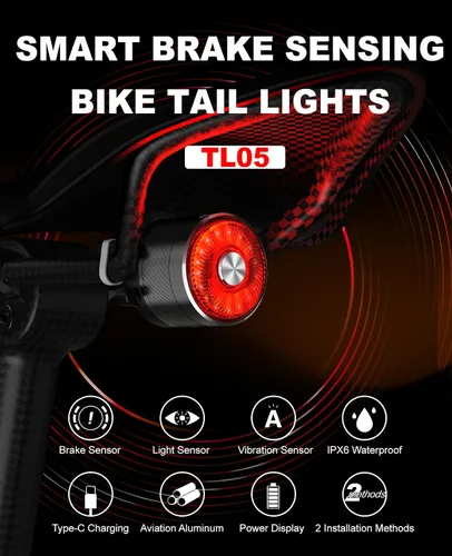 Vista 2 de TOWILD TL05 - Luz trasera para bicicleta, luces traseras de bicicleta con detección de freno inteligente, cable tipo C, impermeable, luces traseras