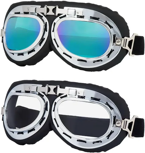 Vista 17 de LJDJ Gafas de motocicleta, paquete de 2 gafas de montar estilo piloto vintage, gafas de hombre ardiente para hombres, mujeres, jóvenes y adultos