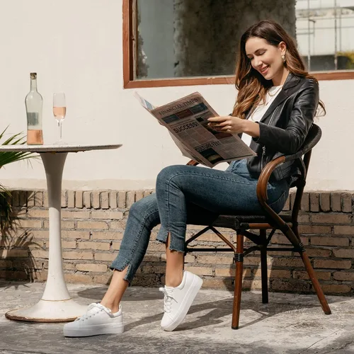Vista 2 de JABASIC Zapatillas de plataforma con cordones para mujer, zapatillas casuales cómodas de moda para caminar Todo blanco