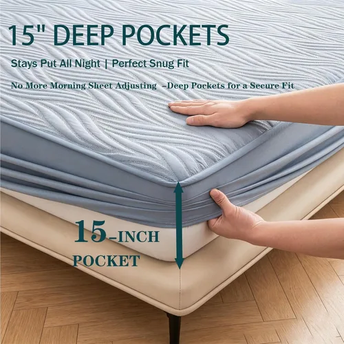 Vista 3 de Protector de colchón impermeable azul individual XL con protector de almohada, protege contra derrames de líquidos, suave, silencioso