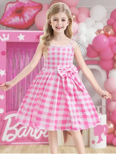 Vista 2 de Eledobby Pink Dress for Girls Princess Costume Pink Outfits Halloween Dress Up Birthday Party Sleeveless Plaid Dresses