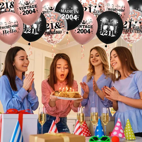 Vista 3 de Globos de cumpleaños número 21, 18 globos de oro rosa y negro 2004, decoraciones de fiesta de cumpleaños 21 para mujeres, globos de látex de confeti