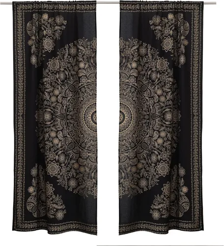 Vista 2 de Popular Handicrafts India Hippie Mandala Bohemia Hermoso Bosquejo Cortina Cortina Dormitorio Sala Balcón Cenefa Paneles Negro Oro