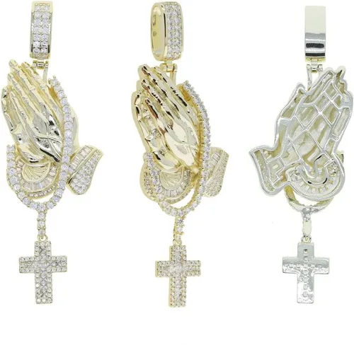 Vista 7 de Joyería de moda - Collar de crucifijo hip hop, colgante de cruz de color dorado con dije de mano para orar para hombre, joyería cúbica de hip hop