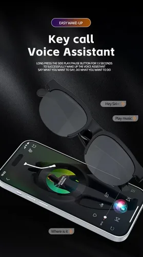 Vista 7 de Gafas de sol al aire libre, gafas inteligentes, altavoces de música, control táctil Bluetooth, función de voz, protección solar, apariencia de gafas