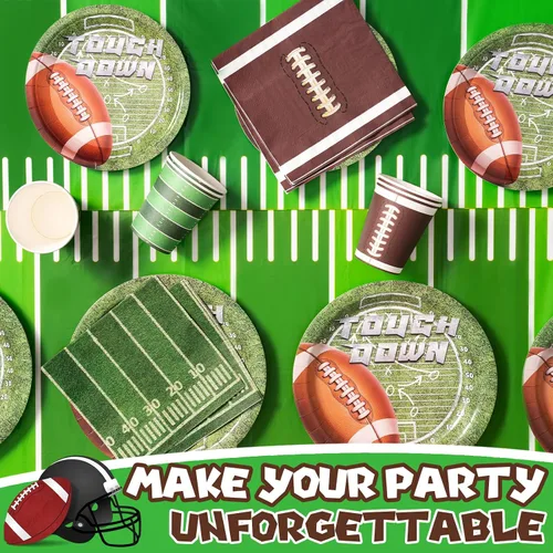 Vista 5 de Decoraciones para fiestas de fútbol – 100 piezas de suministros para fiestas que sirven 24, pancartas de retocar, platos, mantel, taza y servilletas